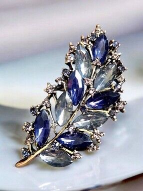 Blue And Smokey Rhinestone Leaf Brooch